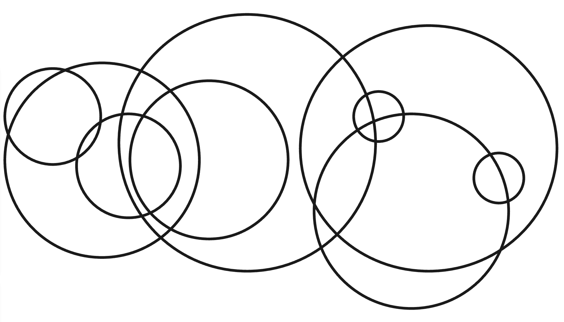 Circles with no coloring of various sizes and positions with distinct intersections.