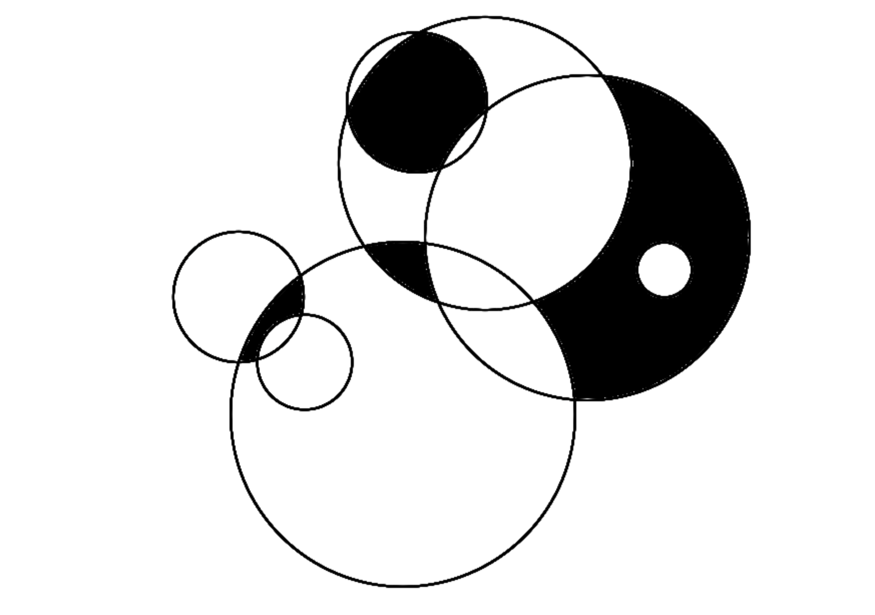 Intersections of circle with four regions shaded. One has four intersections with 4 curved sides, another is a curved triangle, another is a lens cut with a circle, and the last is a shape with three points and a hole in the middle with a long curve on the right.