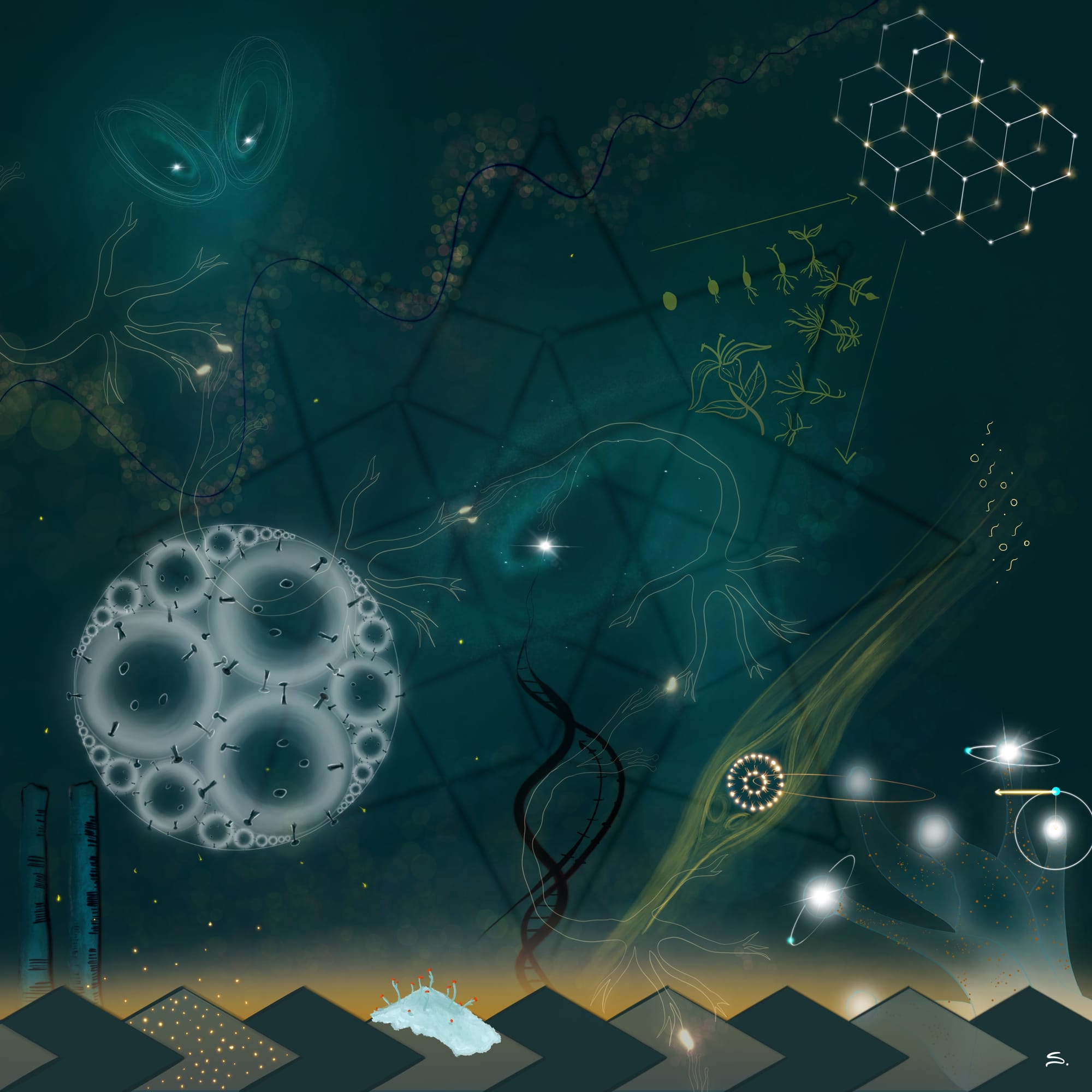 A digital sketch packed with scientific concepts. With a teal and yellow themed, there is a galaxy in the center, neurons talking across, an Apollonian gasket of viruses, coral with algae that has orbiting bodies including a vesicle and notation for an inertial vector. There is a dampening wave, a chaotic graph, graphite lattice, dna, diffusion and more. The bottom has a tesselation tiling with a sunrise lighting. Lichen with little red dots grows on one of the tiles. In the left corner a representation of the Ishango bone stands with marks for numbers. Fluid flow moves across and around a vesicle and symbols for permutations and then the cycle of a flower are overlayed.
