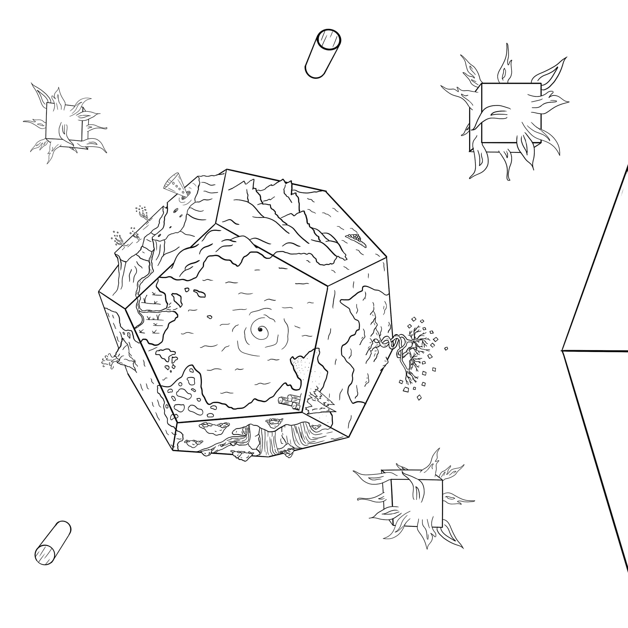 Black and white coloring sheet with a dodecahedron world in the center. Each side has map elements. The sides that are visible are: front: mostly ocean with a maelstrom and some lands with kettle ponds and marsh right side: some ocean, but a large land mass with two world trees coiled around eachother with floating square leaves bottom: three waterfalls going into a large opening with boulder piles all around -lower left: mostly ocean with a smoking volcano in the middle -upper left: a canyon with coral trees on the left and an upsiide down cone on the left going into a hole with other holes on the upper plain -upper right: mostly mountains along the coast The world is floating with flaming cubes and a couple of cylinders and a partial shape going off the page on the right. 