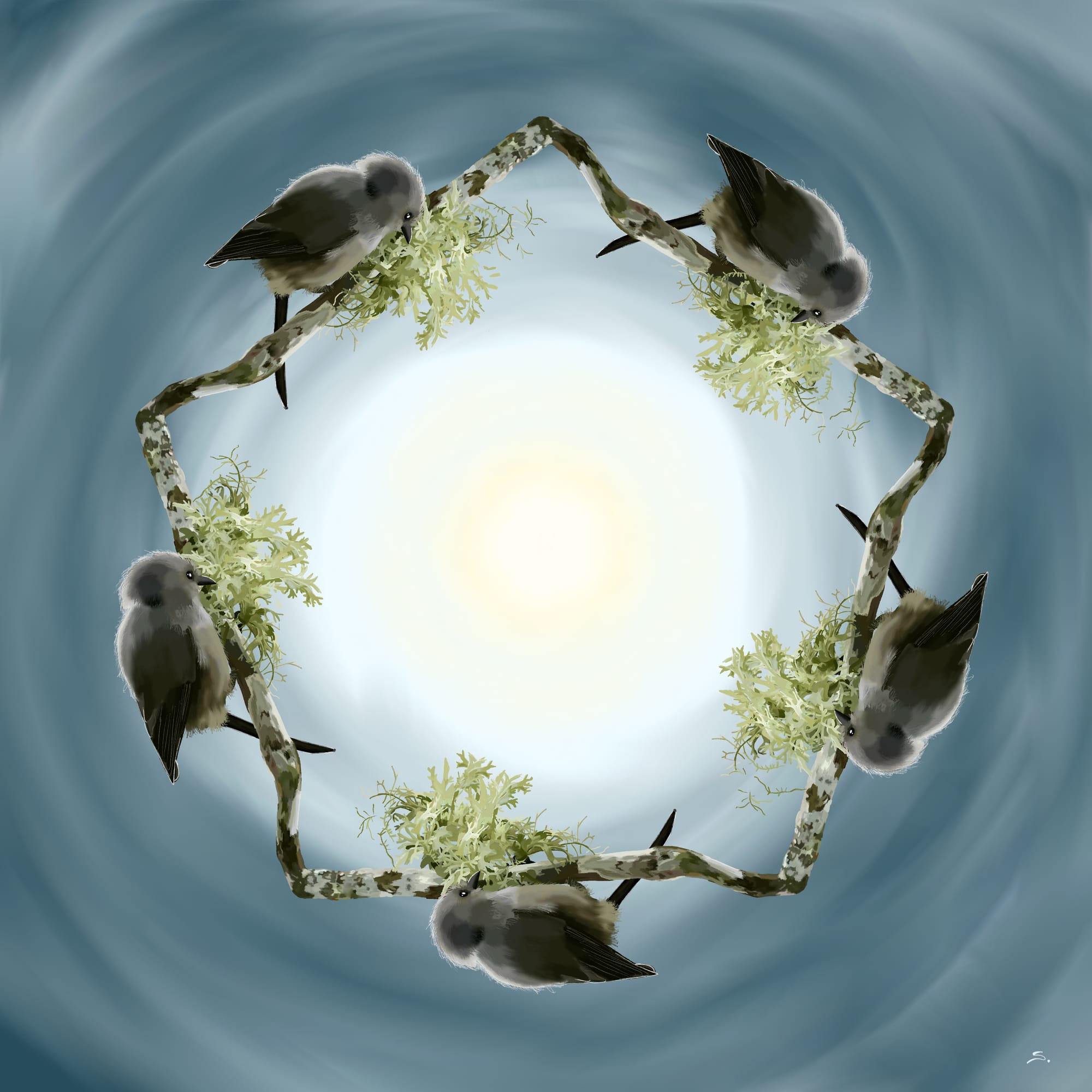 A pentagon made of a continuous bent twig lined with lichen. There is rotational symmetry and about halfway along each segment of the pentagon side, there is gathered bunch of lichen and moss with a bush tit on each one. The background goes from a pale yellow to a muted slate blue with a feeling of smeared clouds int he texture. The bushtits have silver lining.