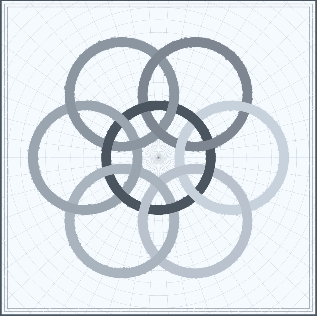 Six rings in a circle with a single link holding them together in the middle - there are gradient colors for each ring all in a slate-gray color. there are radial gridlines in the background and static feels in the sketch.