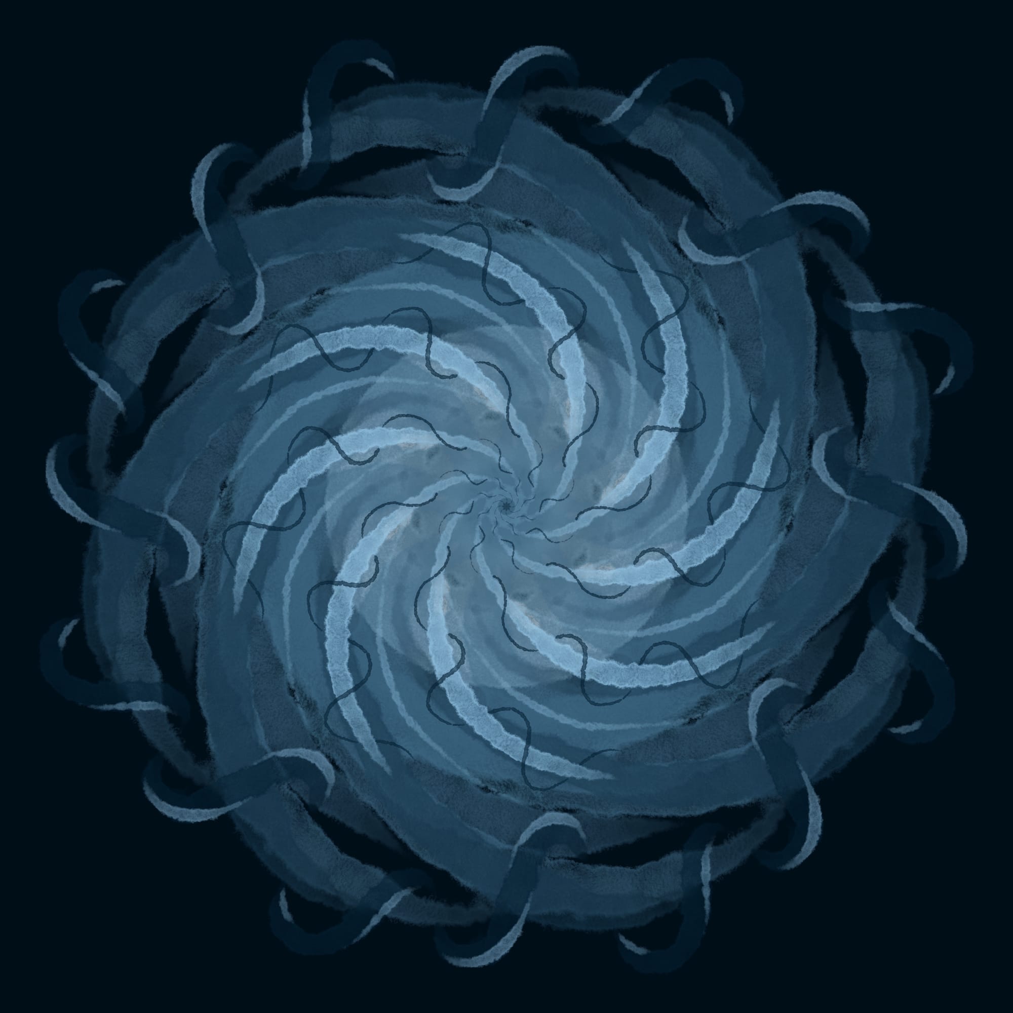 vortex doodle with ribbons wrapping around the tendrils - all slate blue tones. it is spinning clockwise. Digital art.