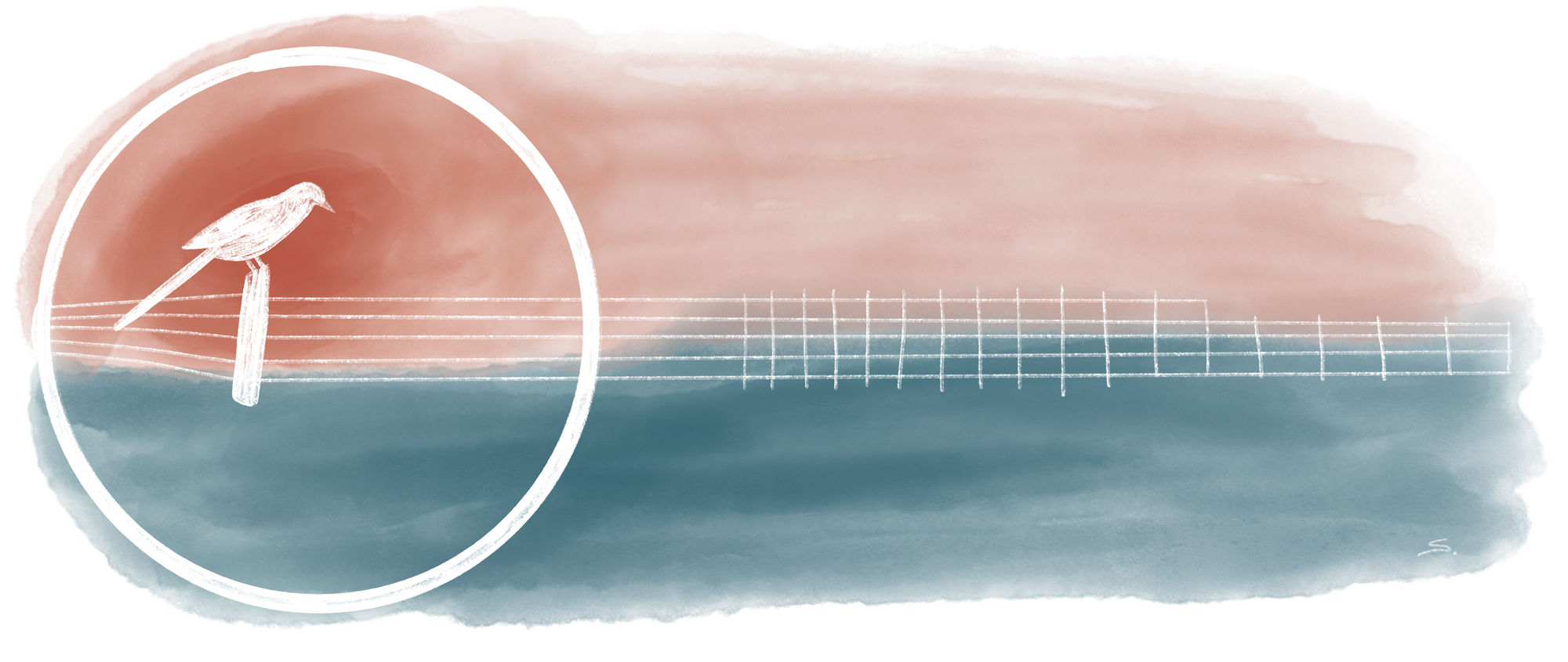 a banjo with a magpie sitting on the bridge sideways so that the strings are like a fence. The image is two tones - salmon on the top half and blue-green on the bottom with the sketch made with eraser marks in the paint.