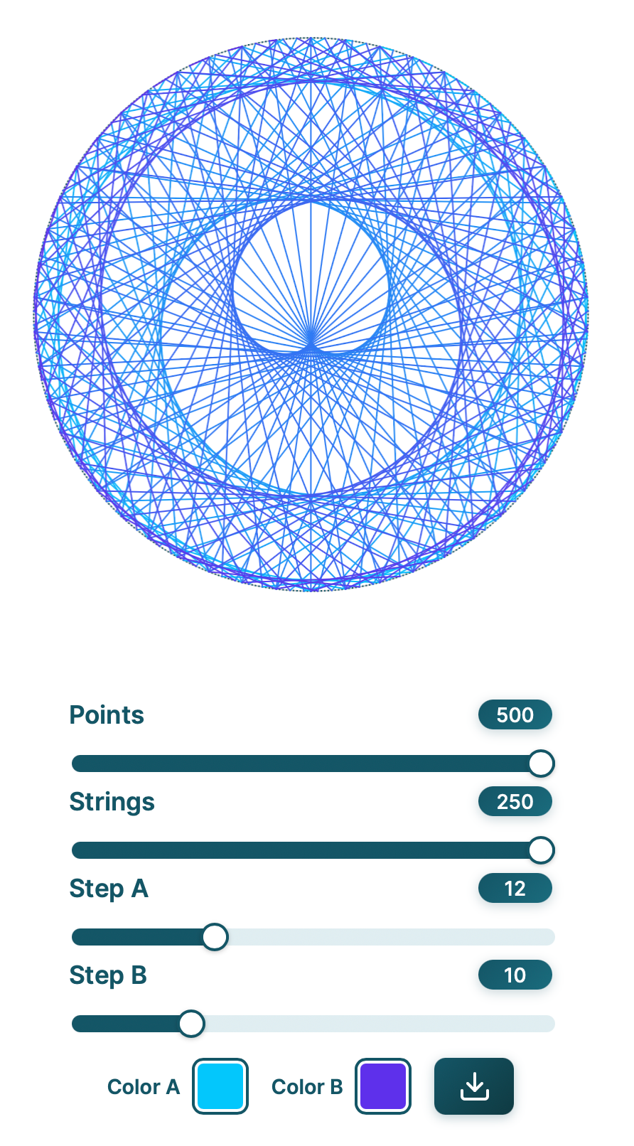 cardiod-like string art with more complexity with slider controls and a blue and purple color for string gradients