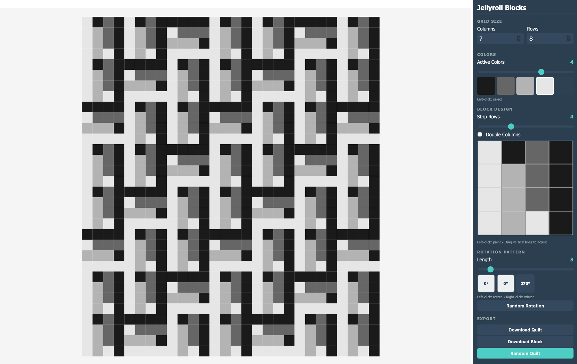 Screenshot of jellyroll quilt UI with the chosen quilt and the block. 