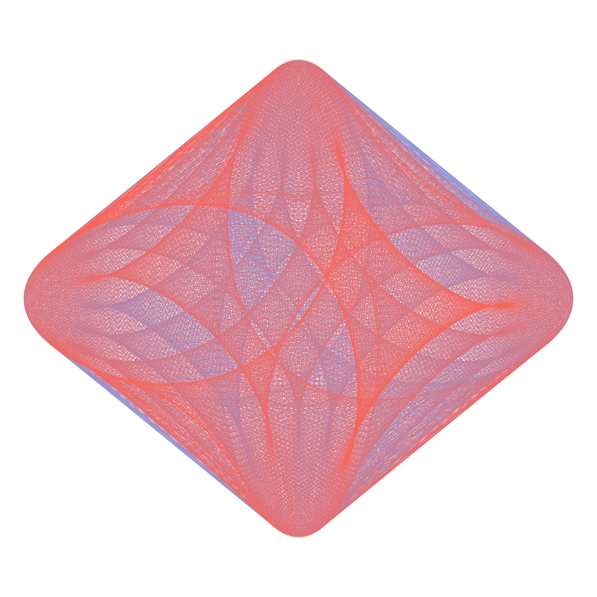 string art with two perpendicular ellipses with rotational symmetry with red and blue