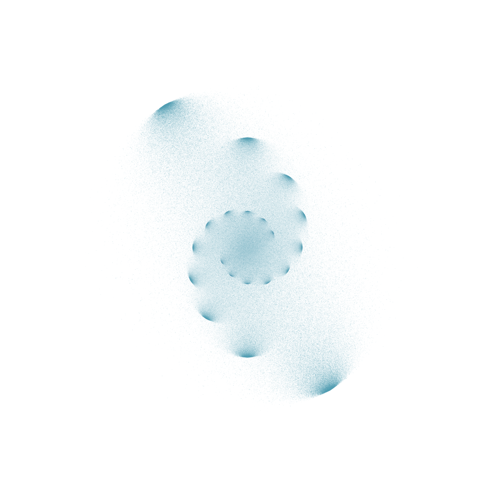 A double spiral made of arcs with spray paint-like patterns fanning out from arcs on a white background and teal paint. 