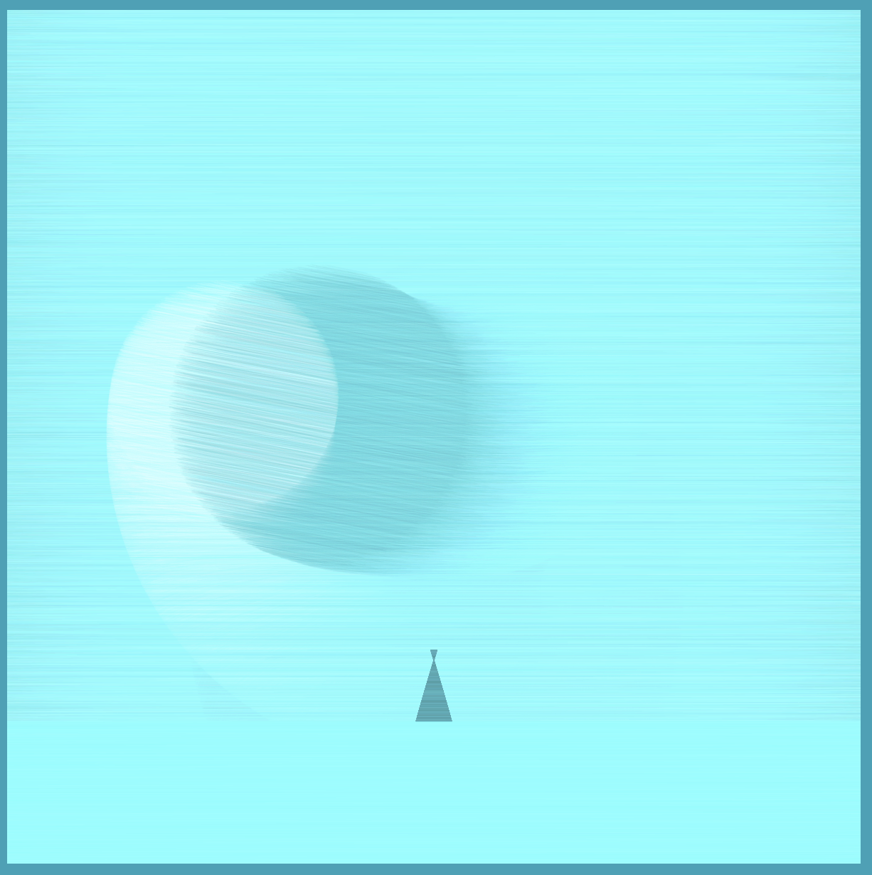 an abstract figure is on a horizon with two circles intersecting above drawn with tiny shades of teal lines. the figure is darker with circles light/dark and the rest teal.