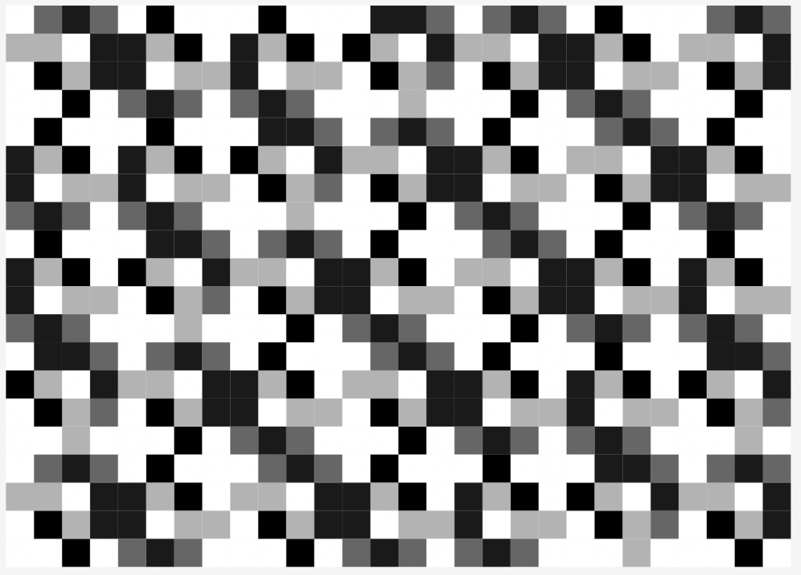 a pattern with white plus signs scattered with black squares that are larger and smaller grey pieces.