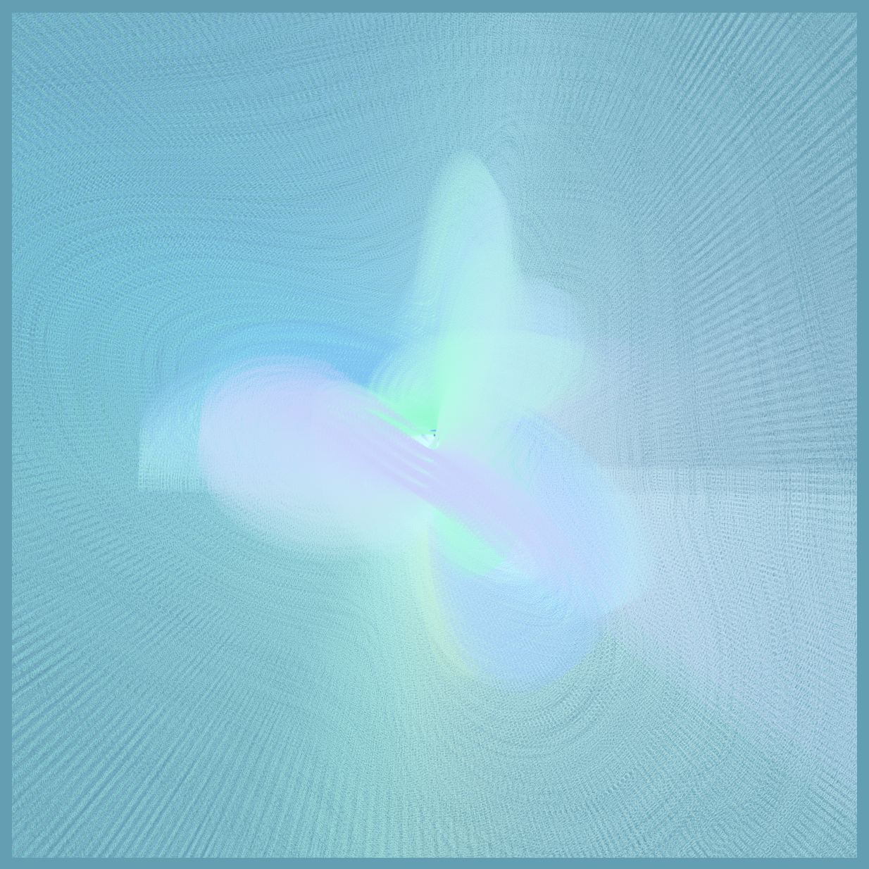 a blurry rainbow of pastels on teal in a chalk-like texture of curves at the center with remnants of words that have been spun all around.