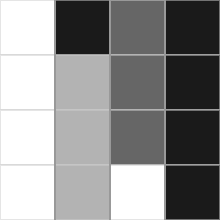 A 4 stripe quilt bloc with a vertical white stripe, the i shap with a black dot and grey base, then an ! shape with a white dot and darker grey line and then a black stripe.