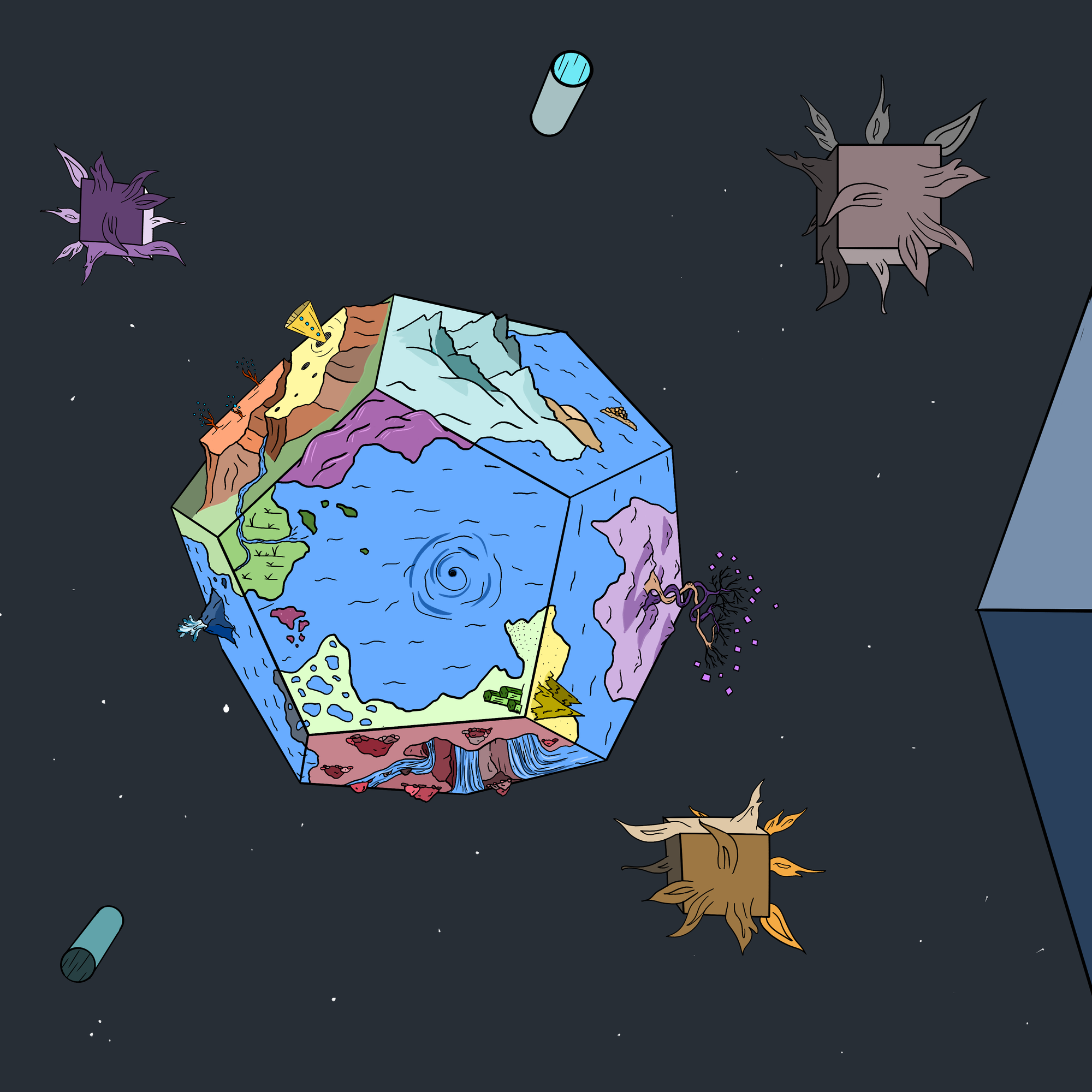 A dodecahedral world floating in space with canyons, trees, mountains, and other fantasy map elements.