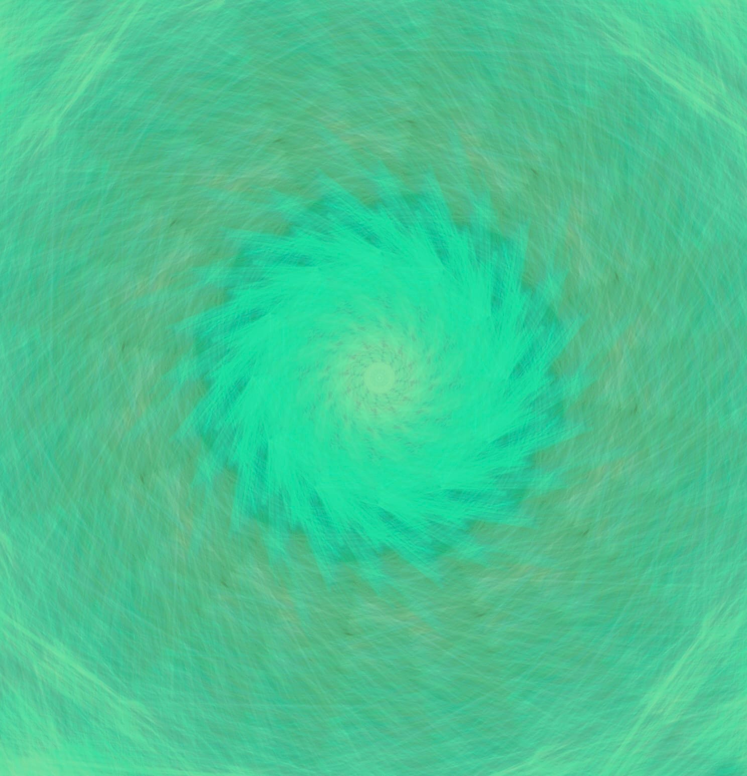 a green and blue 12-rotational symmetry mandala wit sketch-like texture that almost looks like water. There is brighter greens in the center and strokes of varoius colors throughout. 