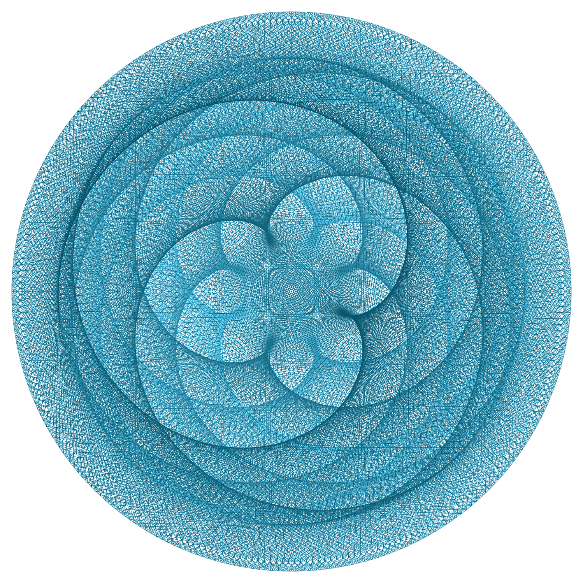 string art with high density with lighter blue and darker teal strings making an 8 petal pattern in the center