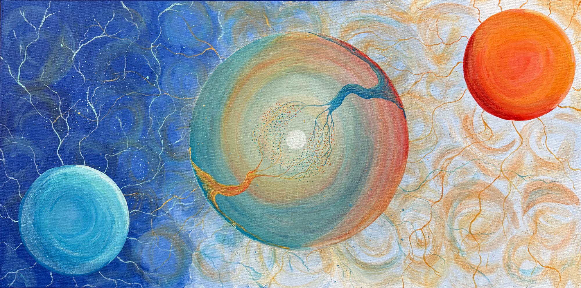 A painting with a large circle with two trees growing toward a center moon. Two circles in oppose in corners with rivers flowing from all. Blue and orange tones contrast from left to right.