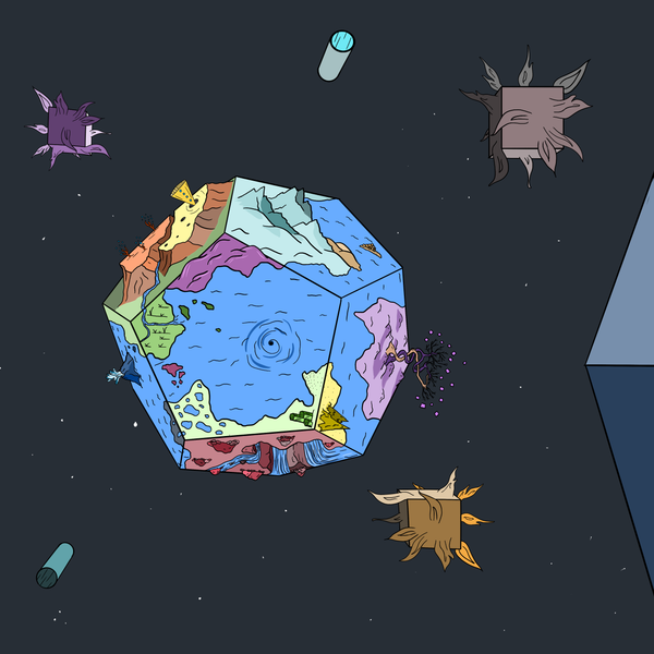 A dodecahedral world floating in space with canyons, trees, mountains, and other fantasy map elements.
