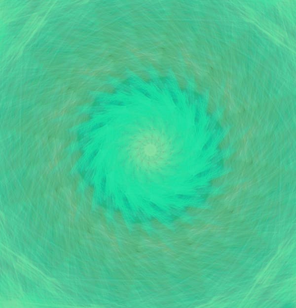a green and blue 12-rotational symmetry mandala wit sketch-like texture that almost looks like water. There is brighter greens in the center and strokes of varoius colors throughout. 