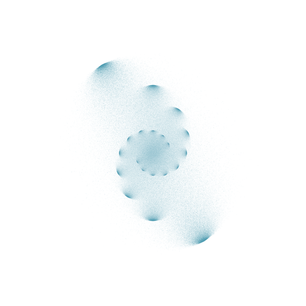 A double spiral made of arcs with spray paint-like patterns fanning out from arcs on a white background and teal paint. 