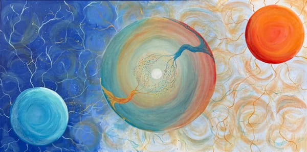 A painting with a large circle with two trees growing toward a center moon. Two circles in oppose in corners with rivers flowing from all. Blue and orange tones contrast from left to right.