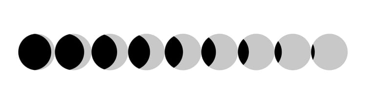 9 circles shaded with black lenses and grey lunes showing the intersecting of a same sized circle in a row.