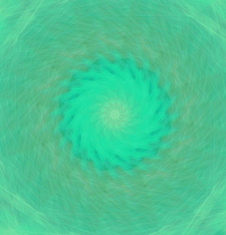 a green and blue 12-rotational symmetry mandala wit sketch-like texture that almost looks like water. There is brighter greens in the center and strokes of varoius colors throughout. 